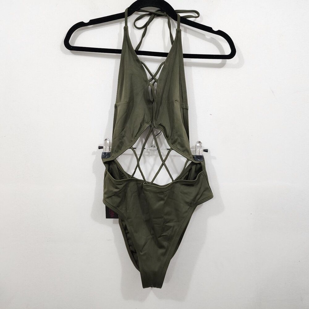 Hot Miami Styles One Piece Swimsuit Olive Green Halter Crisscross Strappy Size L
